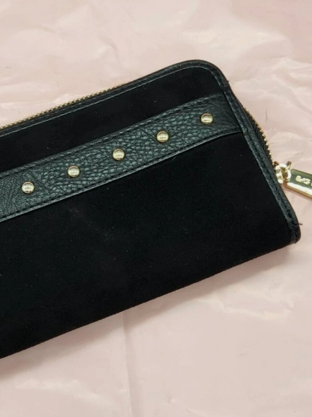 Big Buddha Black Velvet Zip Around Wallet Gold Studs Zip Closure 12 Card Slots
